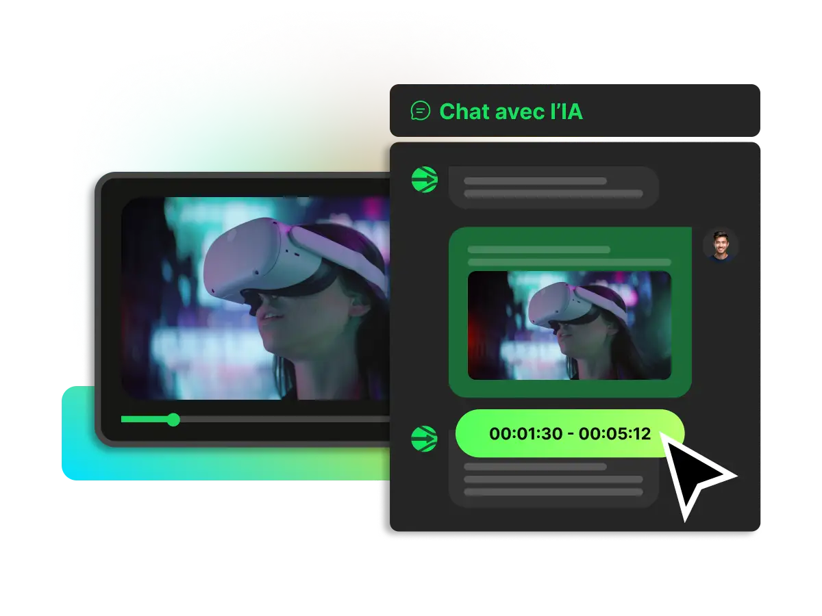 Interface du résumeur de vidéo WayinVideo montrant un lecteur vidéo et un panneau de chat où l utilisateur pose des questions et reçoit des réponses détaillées sur le contenu.